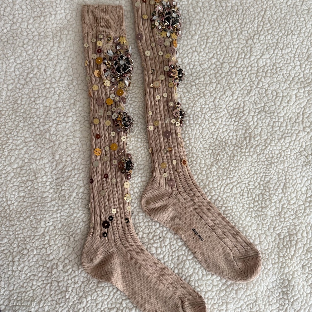 Miu Miu Sparkling Tan Knee-High Socks - Picture 5 of 11